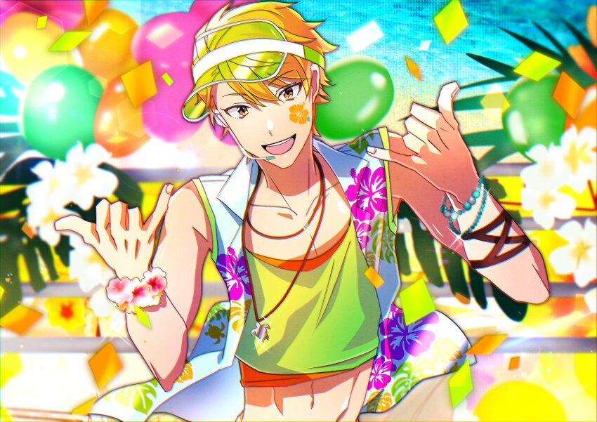 1boy balloon blonde_hair bracelet brown_eyes fingernails floral_print flower headset highres idolmaster idolmaster_side-m idolmaster_side-m_live_on_stage! jewelry looking_at_viewer maita_rui male_focus midriff navel necklace plus_q sleeveless smile solo teeth upper_teeth_only world_tre@sure_(idolmaster)