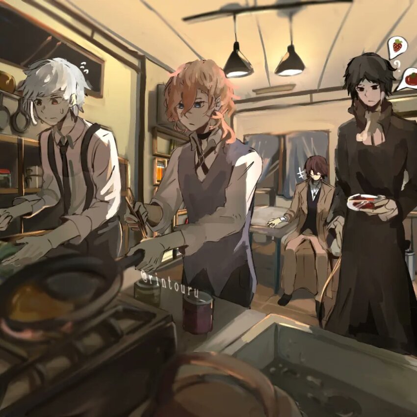 4boys black_dress black_jacket blue_vest breasts brown_eyes brown_hair bungou_stray_dogs can ceiling_light character_request cleavage collared_shirt cooking crossed_bangs curtains dazai_osamu_(bungou_stray_dogs) double-parted_bangs dress frying_pan hair_between_eyes head_tilt holding holding_plate indoors jacket kitchen multiple_boys nakahara_chuuya_(bungou_stray_dogs) plate pov rintouru_2 shelf shirt short_hair sink sitting spoken_emoji stove suspenders table vest white_shirt window
