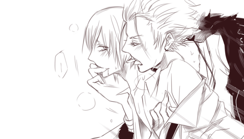 10s 2boys biting biting_ear finger_in_mouth k-project male_focus monochrome multiple_boys saliva short_hair simple_background sketch suoh_mikoto sweat totsuka_tatara white_background yaoi