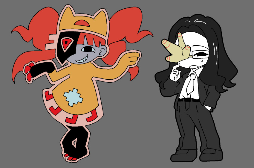 2girls animal_hat black_hair black_jacket black_pants business_suit cat_hat colored_skin coral coral_glasses_(joel_g) dress ena_(series) formal_clothes glasses grey_skin grin hand_in_pocket hat highres jacket kekeken multiple_girls necktie pale_skin pants red_hair smile suit taski_maiden_(ena) white_necktie yellow_dress yellow_hat