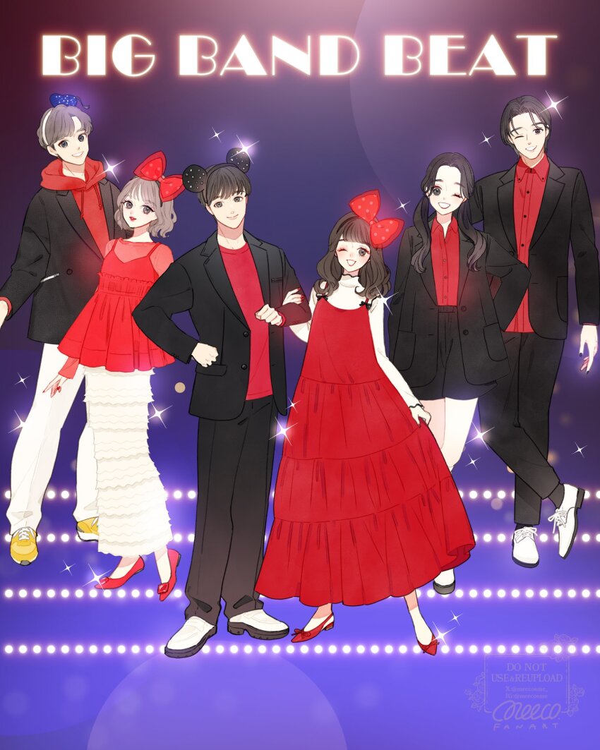 bow brown_hair daisy_duck disneyland donald_duck dress dual_wielding full_body genderswap goofy highres holding humanization long_hair looking_at_viewer meecosme mickey_krog mickey_mouse mickey_mouse_&amp;_friends minnie_mouse multiple_boys multiple_girls open_mouth shirt short_hair smile