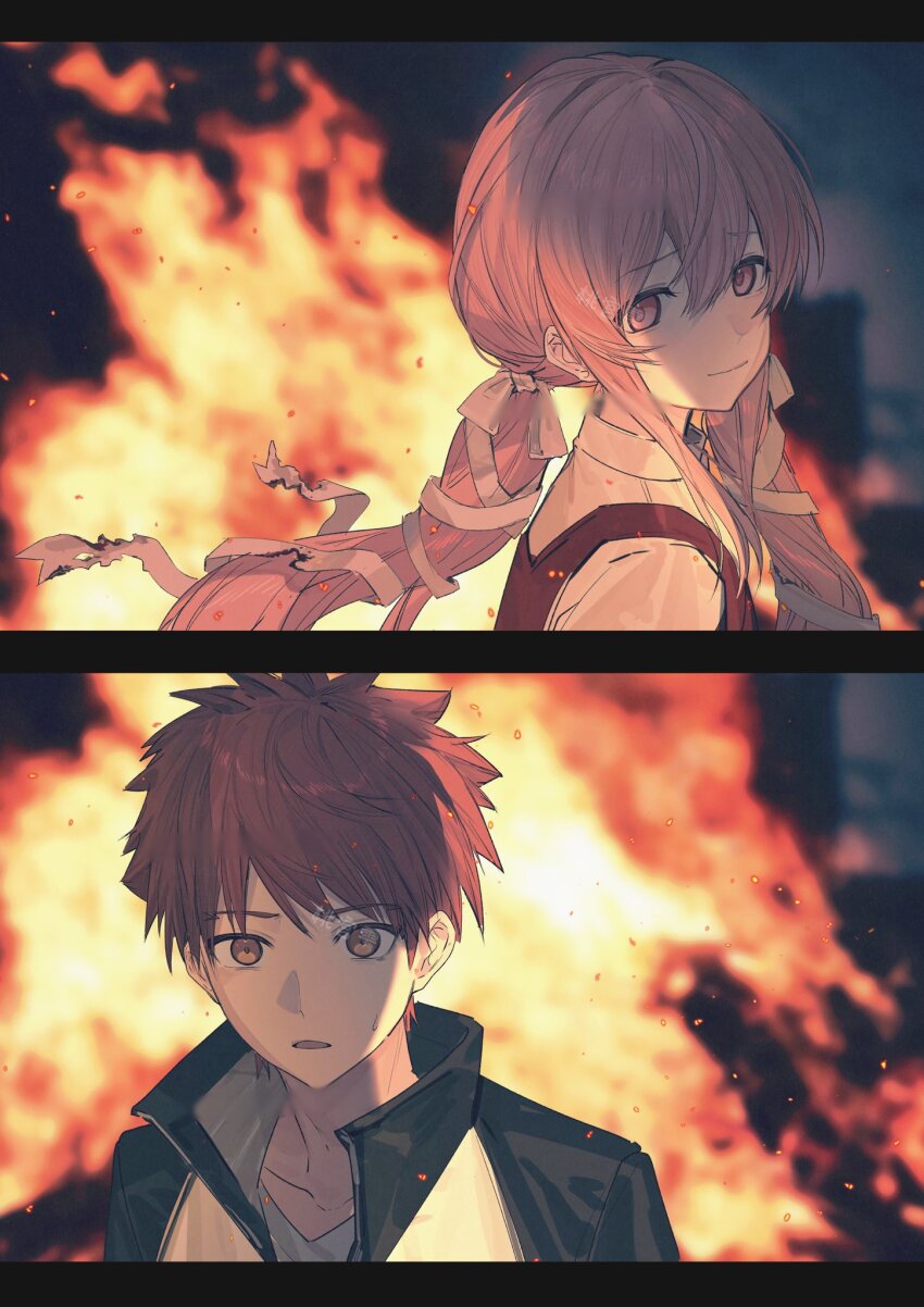 1boy 1girl black_jacket blush bow breasts burning candle couple dress emiya_shirou fate/stay_night fate_(series) fire hair_ornament highres holding horrified jacket long_hair long_sleeves momomiya_shizuku_(gaoyue_jixiang) oc_x_canon orange_hair original pastels pink_eyes pink_hair pinned print_ribbon raglan_sleeves red_hair ribbon shaded_face smile smoke twintails white_jacket