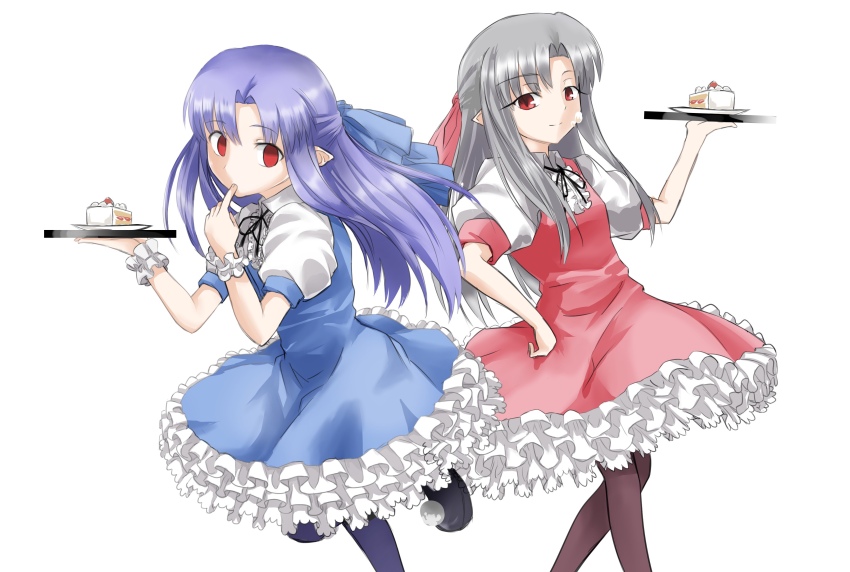 2girls absurdres alternate_costume blue_dress blue_ribbon cake chiizu_ore dress dual_persona finger_to_mouth food frilled_dress frills hair_ribbon hands_on_own_hips highres holding holding_cake holding_food len_(tsukihime) long_hair looking_at_viewer melty_blood multiple_girls pantyhose pink_dress pink_ribbon purple_hair ribbon smile tasting tray tsukihime type-moon white_hair white_len_(tsukihime)
