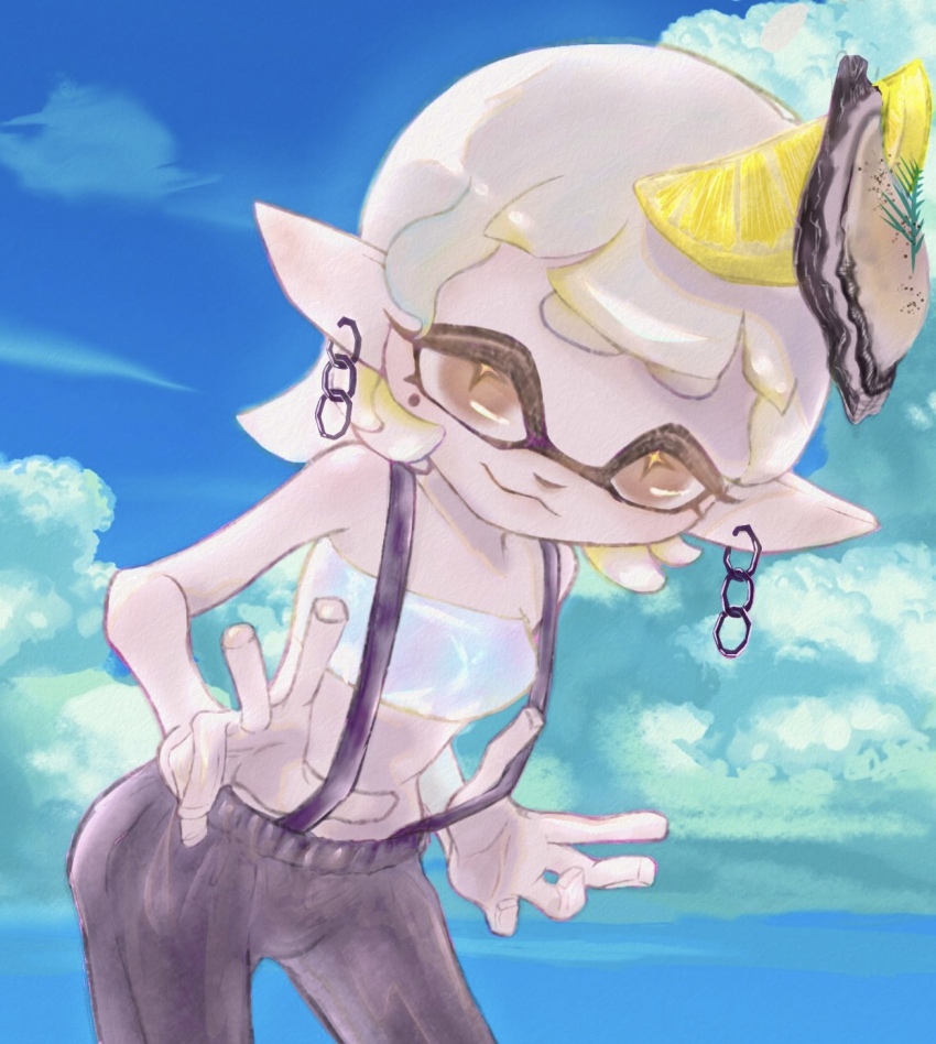 1girl :3 alternate_hairstyle blue_background blue_sky blunt_bangs cloud cowboy_shot domino_mask earrings food fruit highres inkling jewelry leaning_forward lemon lemon_slice long_hair looking_at_viewer marie_(splatoon) marie_(summer_nights)_(splatoon) mask mole mole_under_eye nintendo official_alternate_costume oyster pointy_ears sky smile solo splatoon_(series) splatoon_3 strapless suspenders suspenders_pull tentacle_hair tube_top white_hair yellow_eyes