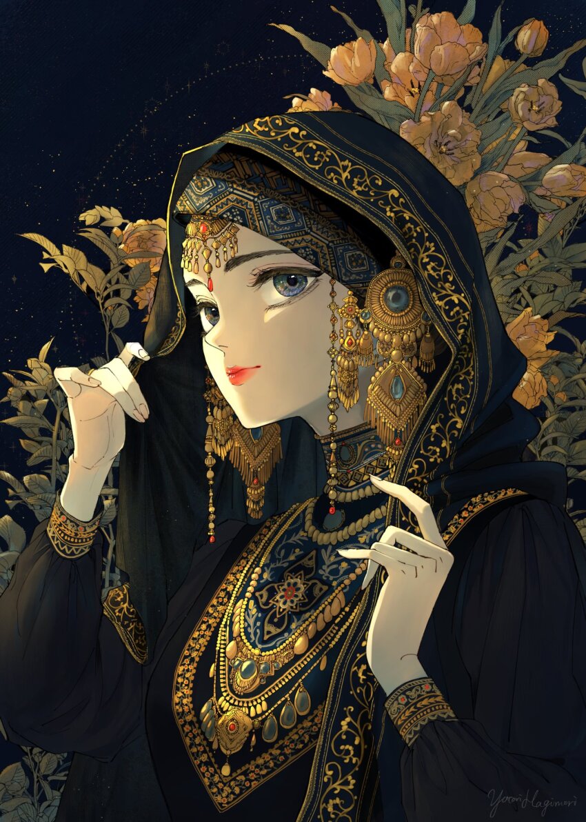 1girl black_cape black_dress bouquet cape dress earrings flower gold grey_eyes hashtag-only_commentary highres jewelry lipstick makeup original red_lips smile solo yatori850