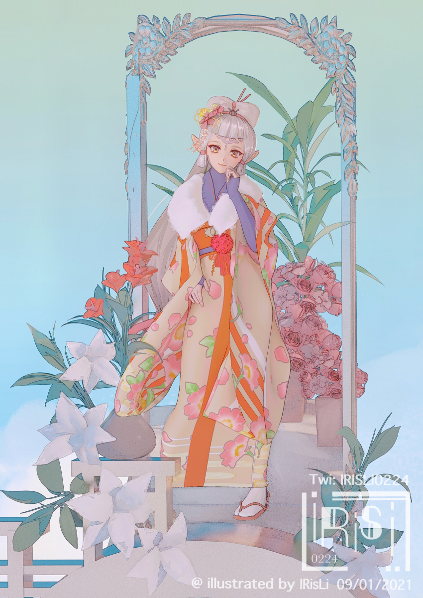1girl absurdres blue_background brown_eyes brown_kimono dated facial_mark fingerless_gloves flower forehead_mark furisode gloves grey_hair hair_flower hair_ornament hair_stick highres hyrule_warriors hyrule_warriors:_age_of_calamity impa irisl japanese_clothes kimono light_smile long_hair nintendo pink_lips pointy_ears print_kimono purple_gloves sandals solo standing tabi the_legend_of_zelda the_legend_of_zelda:_breath_of_the_wild twitter_username very_long_hair