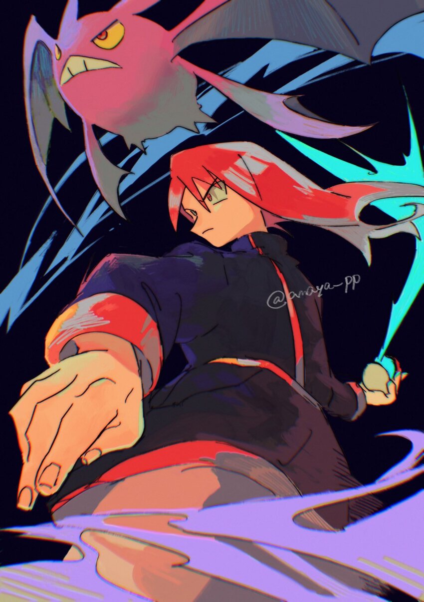 1boy amaya_uw black_background black_jacket closed_mouth crobat floating_hair from_below gen_2_pokemon hair_between_eyes highres holding holding_poke_ball jacket long_hair long_sleeves male_focus nintendo pants poke_ball poke_ball_(basic) pokemon pokemon_gsc red_hair silver_(pokemon) teeth twitter_username