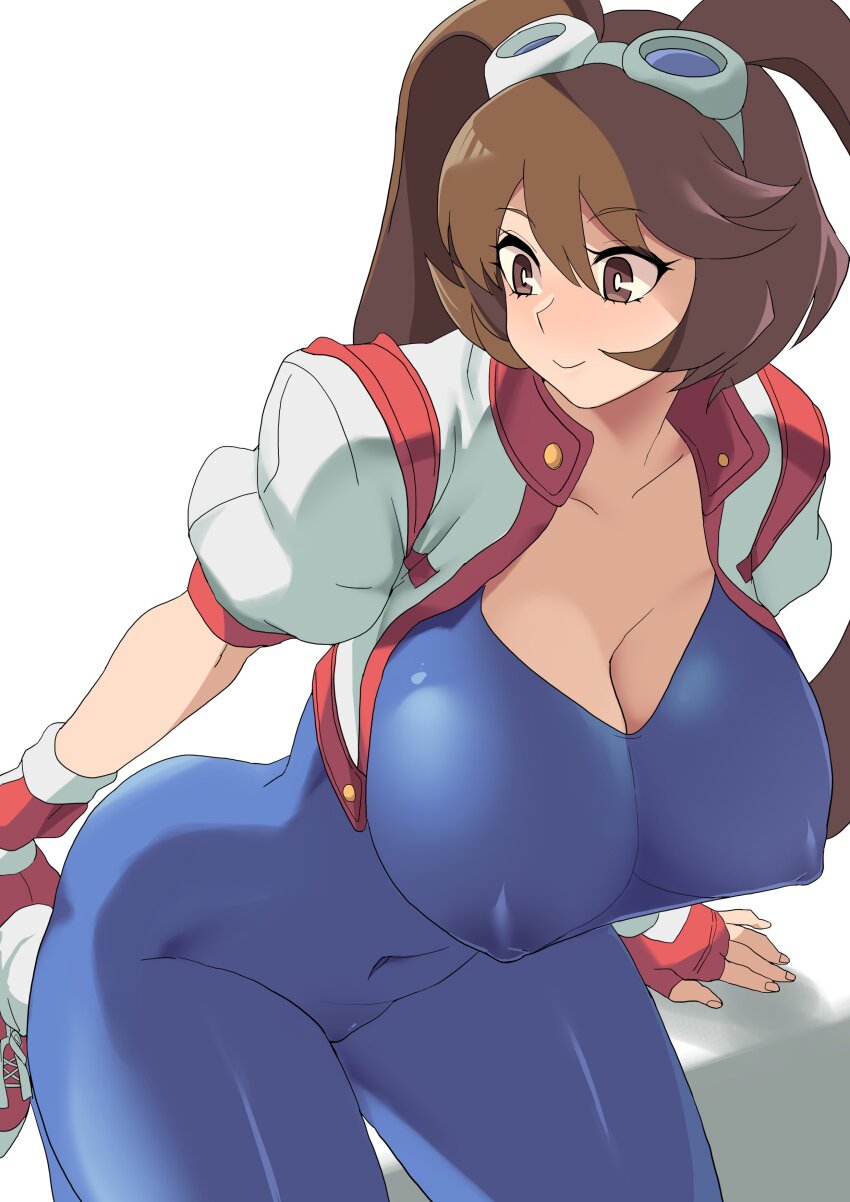 1girl absurdres animal_ears blue_bodysuit bodysuit breasts brown_eyes brown_hair cleavage commentary_request covered_erect_nipples goggles goggles_on_head highres jacket kneeling makihara_arina minakami_(flyingman555) rabbit_ears shoes smile sneakers solo waku_waku_7 white_background