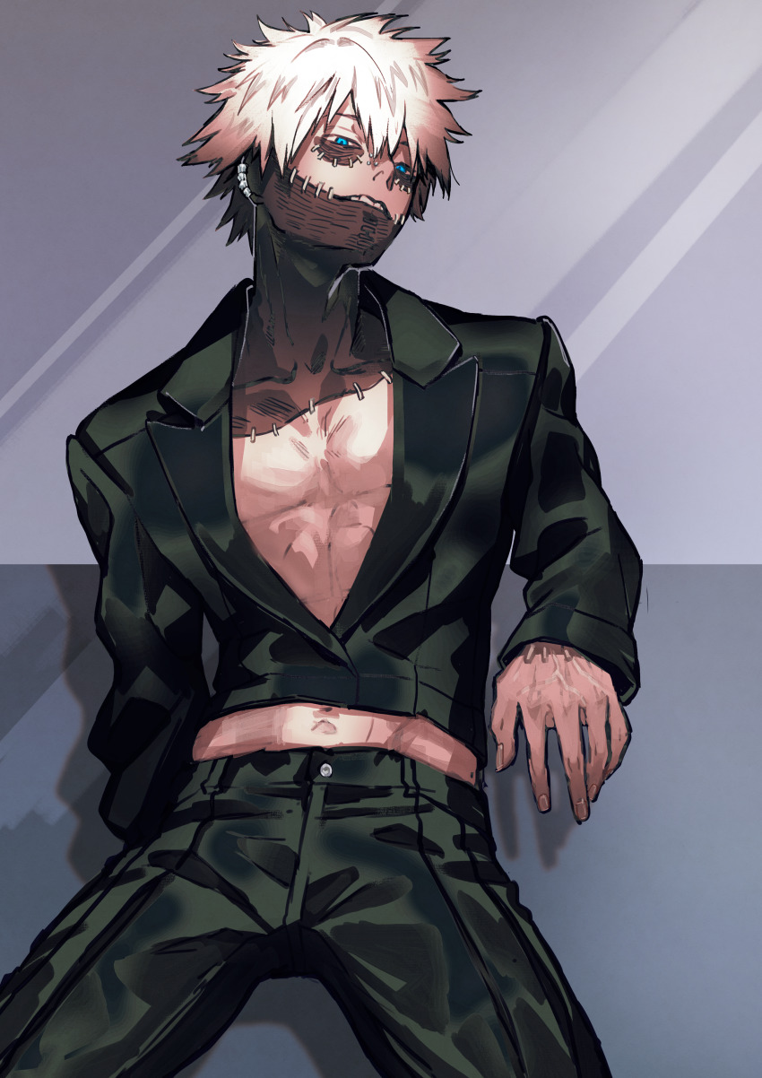 1boy absurdres black_jacket black_pants blue_eyes boku_no_hero_academia burn_scar cheek_piercing dabi_(boku_no_hero_academia) ear_piercing face_piercing highres jacket kawaharaaisu male_focus multiple_scars nose_piercing pants piercing scar scar_on_arm scar_on_face scar_on_mouth scar_on_neck solo spiked_hair staple stapled stitches todoroki_touya white_hair