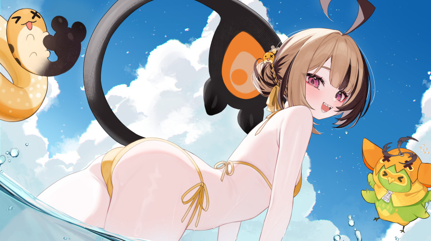 1girl absurdres ahoge alternate_costume alternate_hairstyle ass bikini black_hair blue_sky blush brown_hair bun_with_braided_base cloud cloudy_sky commentary english_commentary from_side gigi_murin grem_(gigi_murin) hair_bun halterneck highres hololive hololive_english hoshi_usagi huge_ahoge looking_at_viewer multicolored_hair ocean open_mouth outdoors pink_eyes popo_(gigi_murin) side-tie_bikini_bottom single_hair_bun sky smile string_bikini swimsuit tail two-tone_hair virtual_youtuber wading water wet yellow_bikini