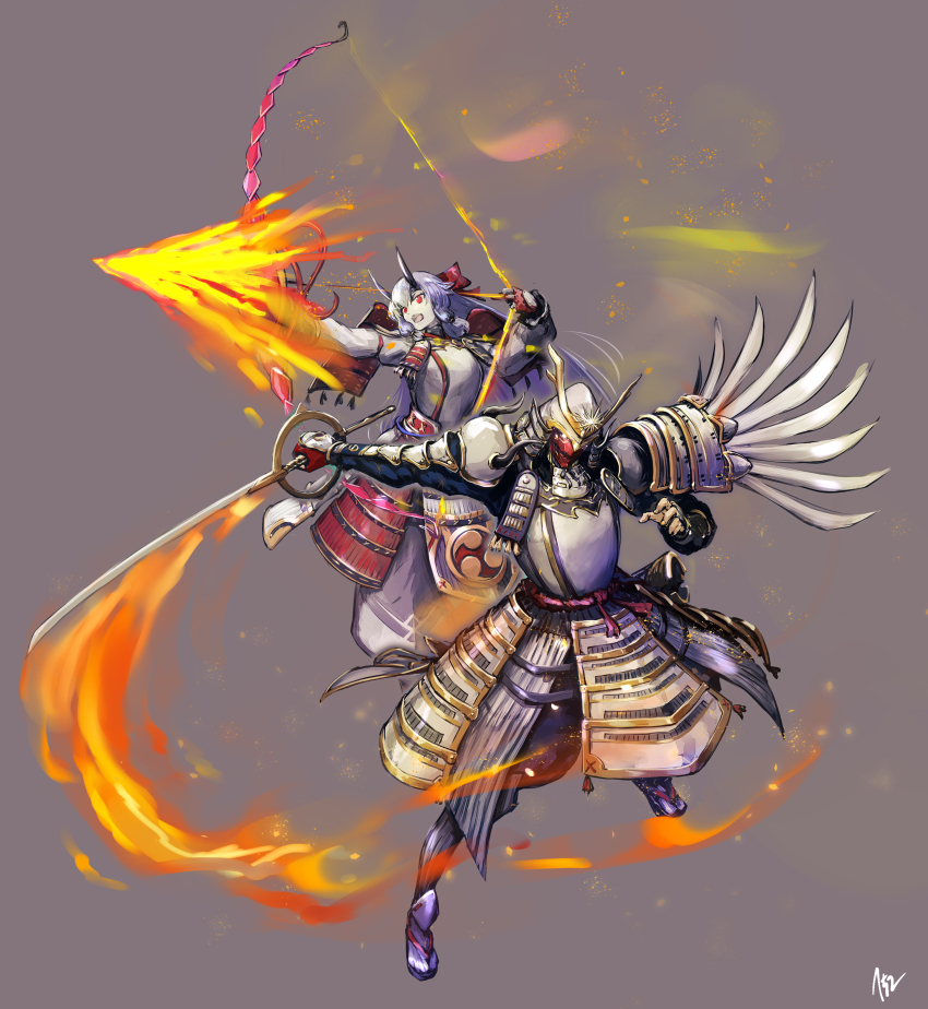152_in_can 1boy 1girl absurdres armor arrow_(projectile) bow_(weapon) drawing_bow fate/grand_order fate/samurai_remnant fate_(series) fingerless_gloves flaming_arrow flaming_sword flaming_weapon gloves grey_background grey_hair helmet highres holding holding_bow_(weapon) holding_weapon horns husband_and_wife japanese_armor kabuto_(helmet) katana long_hair mask mitsudomoe_(shape) oni_horns pauldrons red_eyes red_mask rogue_saber_(fate/samurai_remnant) shoulder_armor single_pauldron sword tomoe_(symbol) tomoe_gozen_(fate) weapon