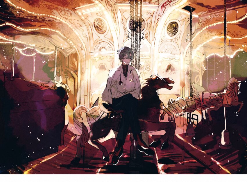 22kolink blue_hair carousel crossed_legs highres jacket jacket_on_shoulders long_sleeves mahoutsukai_no_yakusoku male_focus pants short_hair sitting