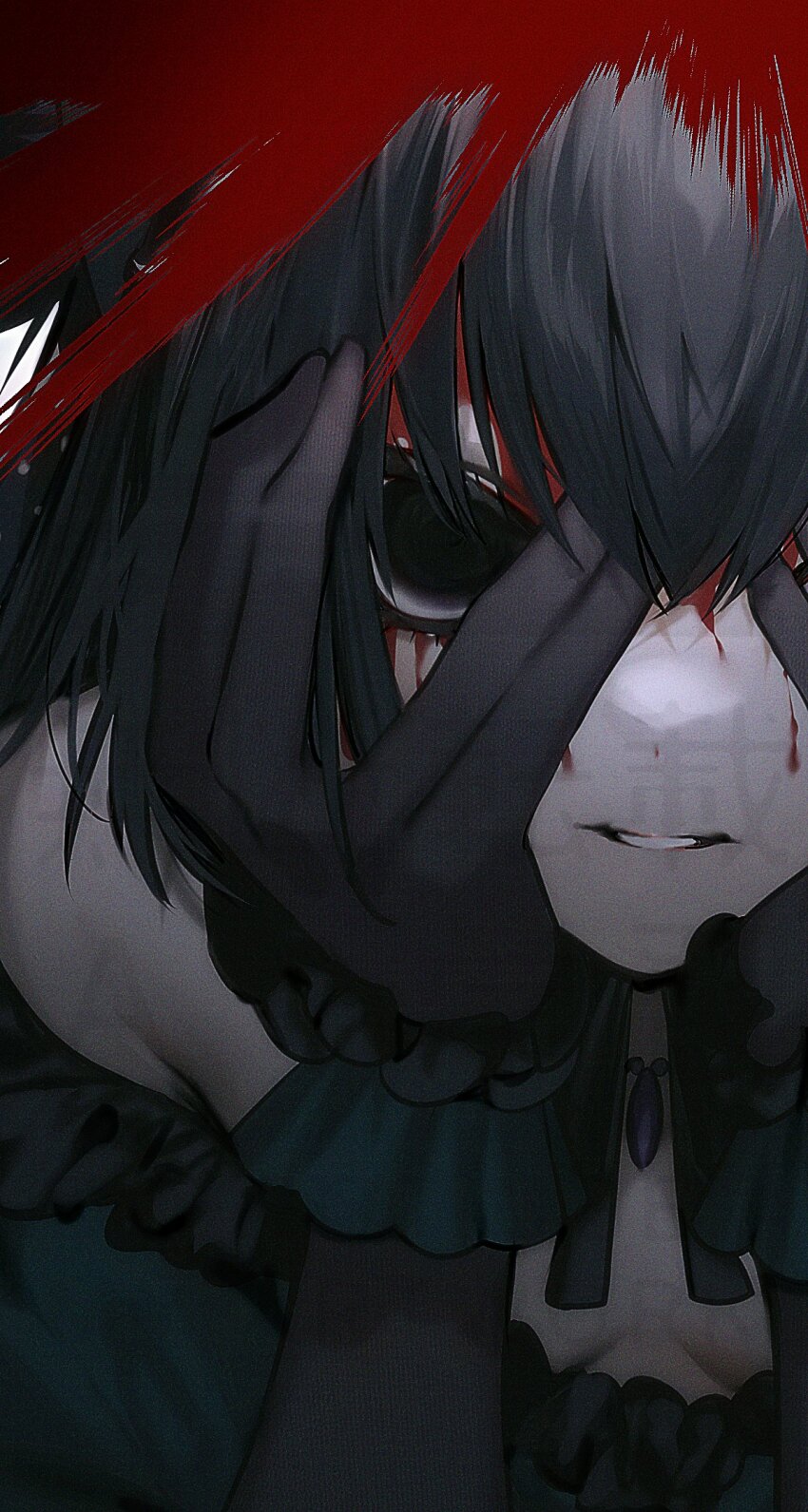 1girl albino_(a1b1n0623) black_eyes black_hair blood blood_on_face breasts dress gloves hands_on_own_face highres kuonji_alice looking_at_viewer mahou_tsukai_no_yoru parted_lips short_hair small_breasts solo upper_body