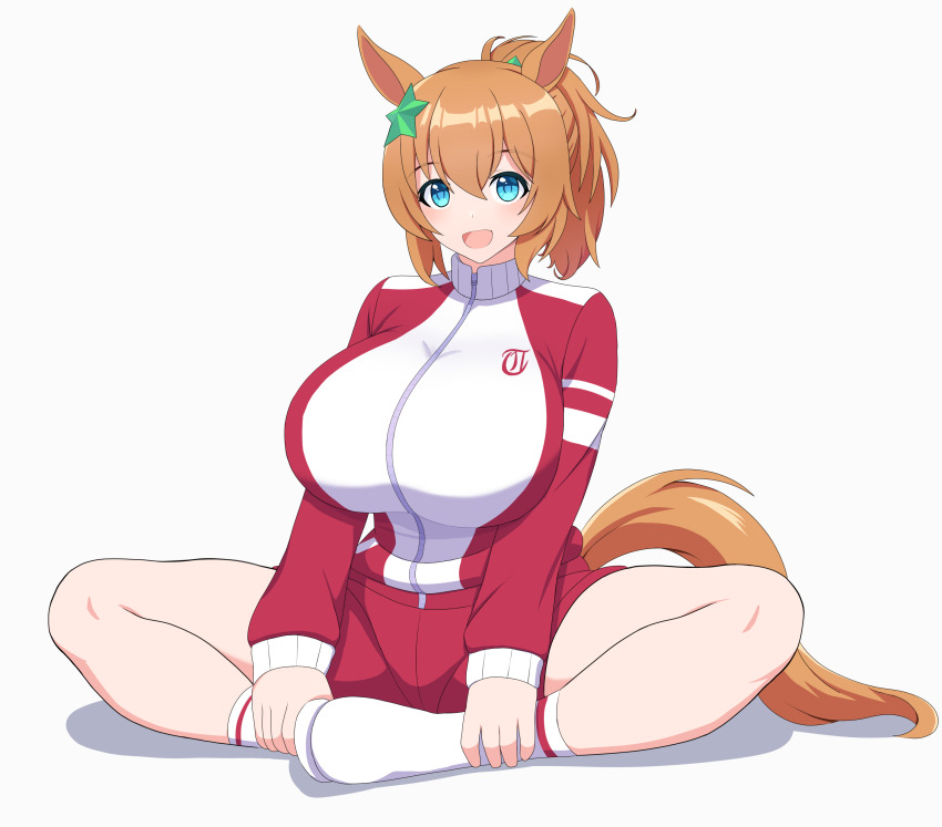 1girl absurdres animal_ears blue_eyes blush breasts brown_hair commentary_request ear_ornament hair_between_eyes hair_ornament highres horse_ears horse_girl horse_tail jacket knees_apart_feet_together large_breasts long_sleeves looking_at_viewer medium_hair open_mouth purple_eyes red_jacket red_shirt shirt shorts simple_background sitting smile socks soles_together solo star_(symbol) star_hair_ornament sumiboshi_(zatsuha) taiki_shuttle_(umamusume) tail track_jacket umamusume white_background white_socks