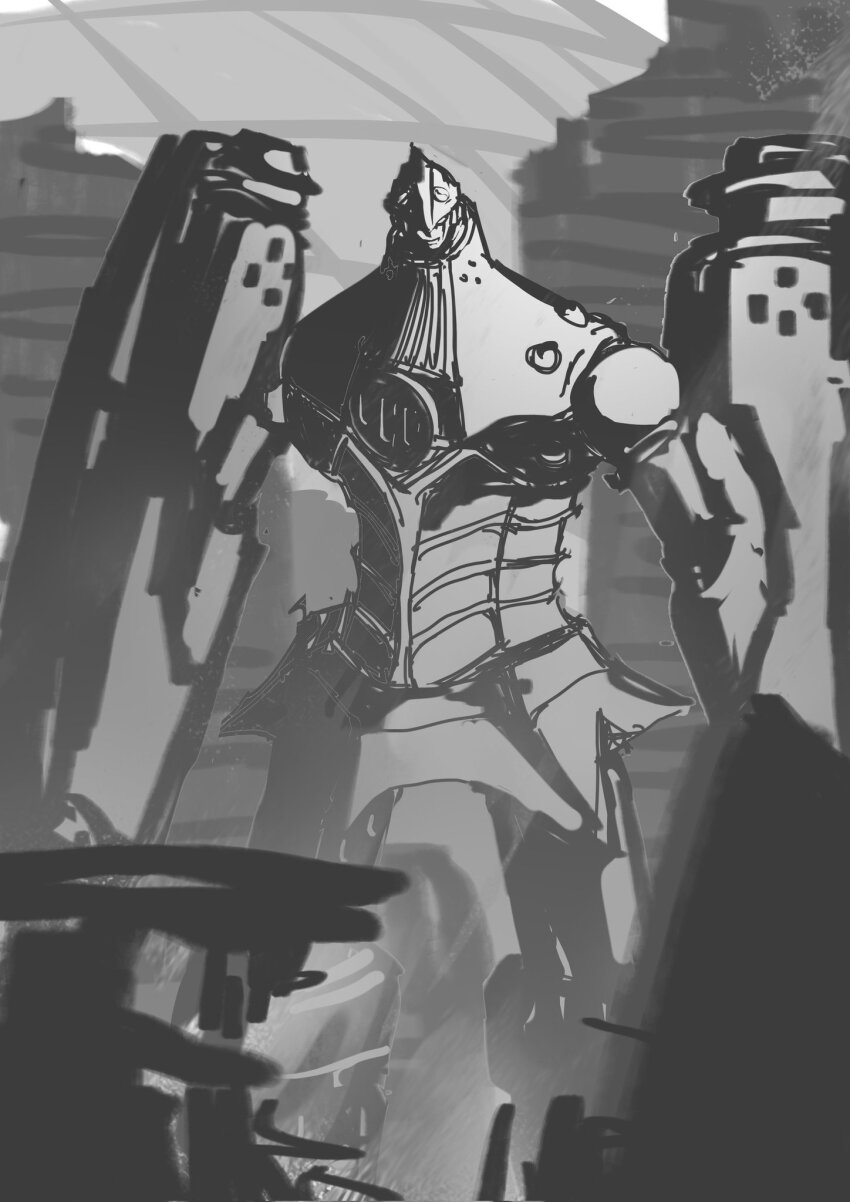 big_o_(mecha) building city commentary english_commentary facing_viewer greyscale highres jianchuan joints mecha monochrome no_humans outdoors oversized_forearms oversized_limbs robot robot_joints sidelighting sketch skyscraper solo super_robot the_big_o