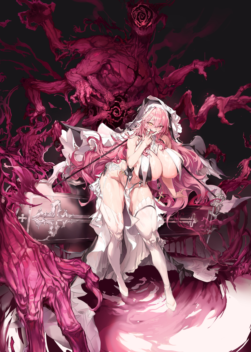 1girl absurdres blush breasts cameltoe coffin commentary english_commentary fangs garter_belt groin heterochromia highres huge_breasts kkonziam long_hair looking_at_viewer monster nun open_mouth original pink_eyes pink_hair pink_theme smile teeth thighhighs thighs tongue tongue_hold tongue_out upper_teeth_only veil white_garter_belt white_thighhighs white_veil yellow_eyes