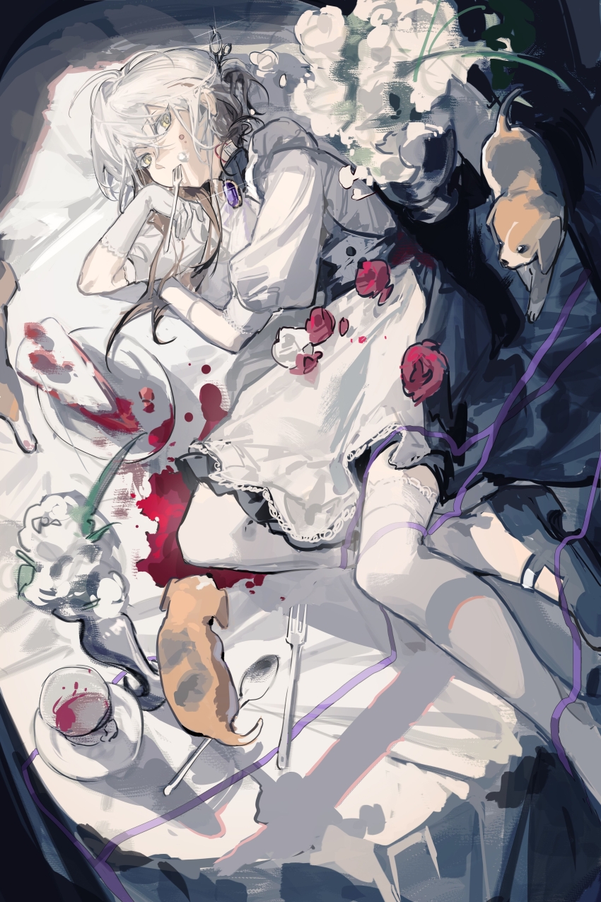 1other absurdres alcohol androgynous apron beagle black_dress black_shoes brown_hair cake cake_slice colored_tips dog dress flower food food_on_face foot_out_of_frame fork from_above gloves hand_on_own_face highres holding holding_fork looking_at_viewer looking_to_the_side lying maid mary_janes medicine_pocket medium_hair minfand mouth_hold multicolored_hair on_side on_table ponytail puffy_short_sleeves puffy_sleeves red_wine reverse:1999 shirt shoes short_dress short_ponytail short_sleeves sketch solo splatter spoon table tablecloth thighhighs utensil_in_mouth vase waist_apron white_apron white_flower white_gloves white_hair white_shirt white_thighhighs wine yellow_eyes zettai_ryouiki
