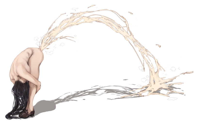 1girl aftersex ass bent_over black_hair breasts commentary cum cum_overflow cum_pool cum_string cumdrip english_commentary excessive_cum folded hetero highres holding_legs komi-san_wa_komyushou_desu komi_shouko long_hair mamimi_(mamamimi) nude projectile_cum projectile_cumdrip sex shoes simple_background solo stairs standing standing_sex trembling what white_background