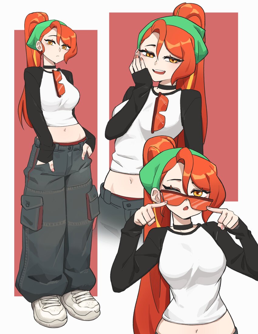 1girl absurdres black_choker black_sleeves breasts choker closed_mouth commentary english_commentary eyewear_hang fingers_to_cheeks green_hairband grey_background grey_pants hair_between_eyes hairband hands_in_pockets high_ponytail highres hyyun_ho june_(hyyun_ho) large_breasts long_hair long_sleeves midriff multiple_views navel one_eye_closed open_mouth orange-tinted_eyewear orange_hair original panties pants panty_peek ponytail red_background shirt shoes sleeves_past_wrists smile teeth tinted_eyewear two-tone_background underwear unworn_eyewear upper_teeth_only white_shirt white_shoes yellow_eyes