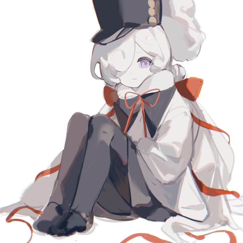 1girl arm_at_side arm_support black_footwear black_hat black_pantyhose closed_mouth colored_skin commentary cookie_run cookie_run:_kingdom dress full_body hair_over_one_eye hair_ribbon hat highres humanization knees_up light_smile long_hair long_sleeves looking_at_viewer milky_way_cookie milky_way_cookie_(milky_way_resonance) official_alternate_costume pantyhose purple_eyes red_ribbon ribbon senlly_2507 shako_cap simple_background sitting sketch solo symbol-only_commentary twintails very_long_hair white_background white_dress white_hair white_skin