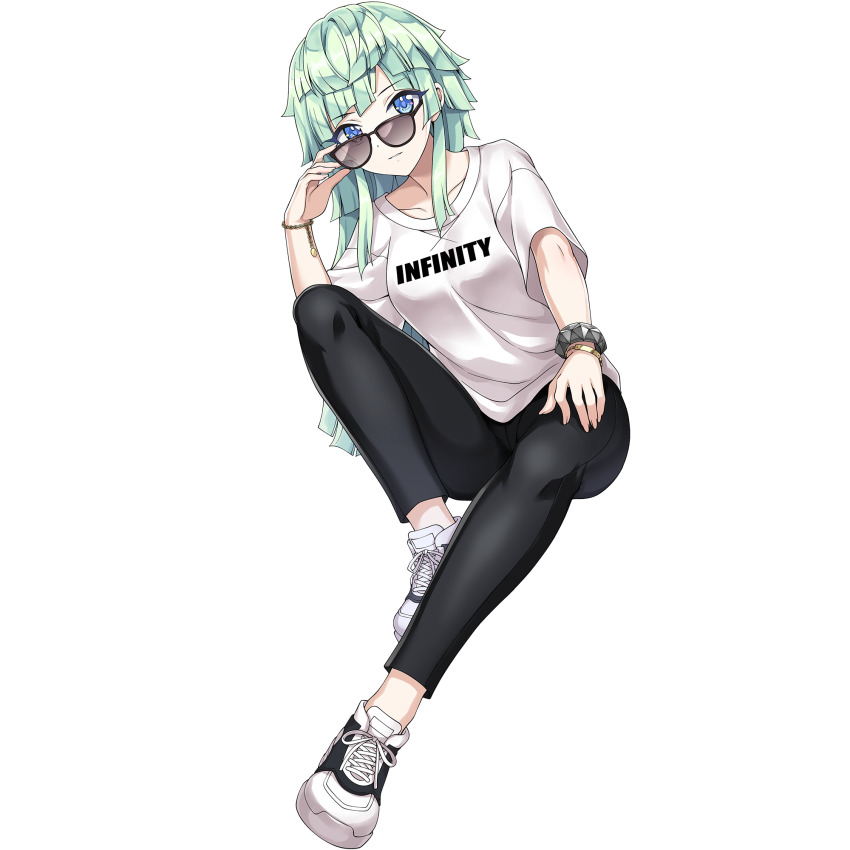 1girl :| adjusting_eyewear black_pants blue_eyes bracelet breasts casual closed_mouth dolphin_wave game_cg gold_bracelet green_hair head_tilt highres jewelry kishimen_hair long_hair looking_at_viewer medium_breasts non-web_source official_alternate_costume official_art ootomo_takuji pants print_shirt selena_lewis shirt shoes sidelocks sitting sneakers solo studded_bracelet sunglasses t-shirt transparent_background white_shirt