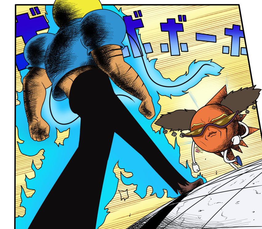 2boys alessi alessi_(cosplay) arm_hair aura bell black_pants blonde_hair blue_shirt bobobo-bo_bo-bobo bobobo-bo_bo-bobo_(character) brown_shoes colored_skin commentary cosplay dodododo don_patch gloves hair_bell hair_ornament highres jazz_jack jojo_no_kimyou_na_bouken lips meme midriff multiple_boys nose_hair oh?_you&#039;re_approaching_me?_(meme) orange_skin pants parody shirt shoes short_sleeves sound_effects spikes stardust_crusaders sunglasses translated voice_actor_connection white_gloves
