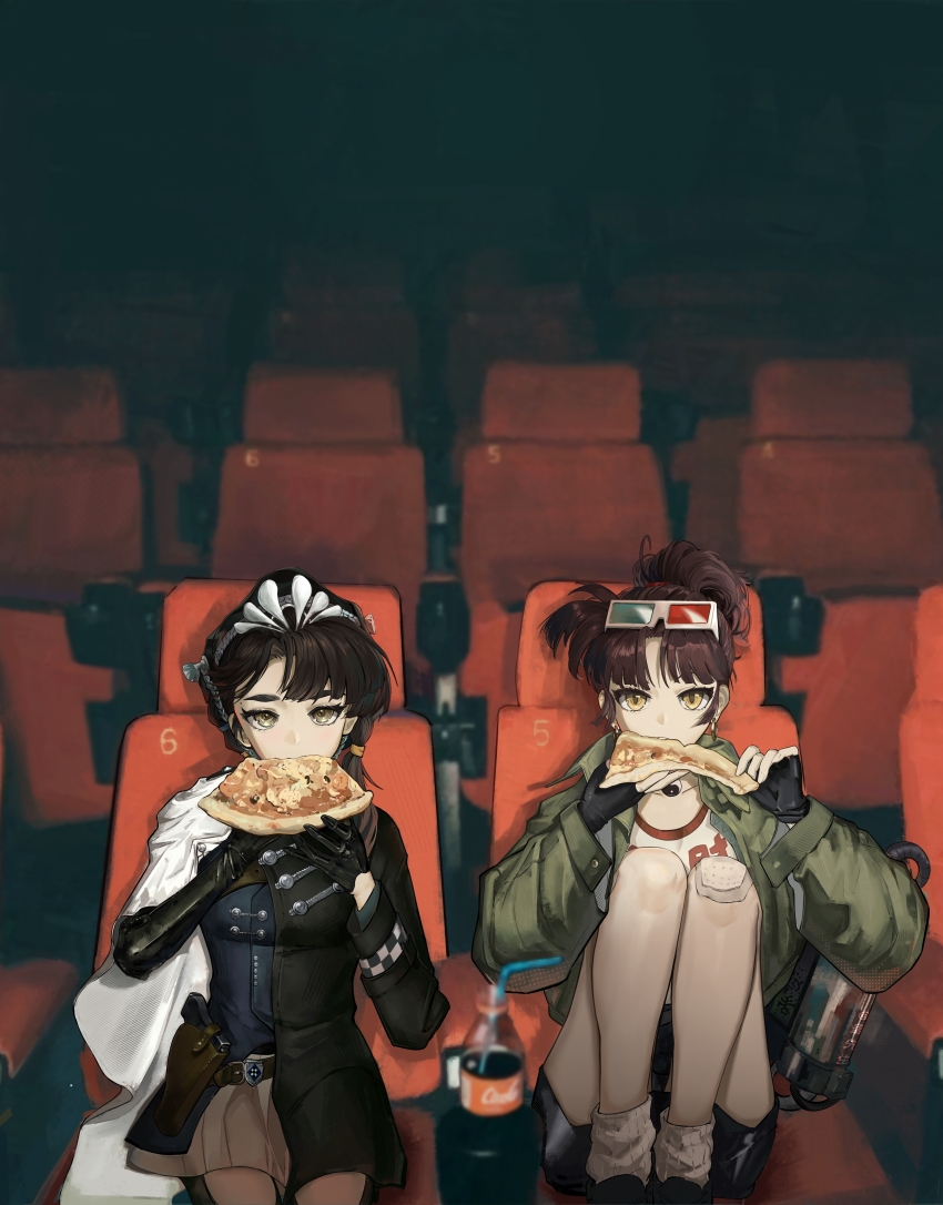 2girls 3d_glasses absurdres an-an_lee asymmetrical_gloves beret black_dress black_gloves black_hair black_hat black_skirt bottle cape chin_strap cola cowboy_shot dress drinking_straw eating elbow_gloves eyewear_on_head feet_out_of_frame fingerless_gloves food gauze_on_knee gloves green_jacket gu_xiansheng hands_up hat highres holding holding_food holding_pizza holster jacket knees_to_chest liang_yue_(reverse:1999) long_hair looking_at_viewer movie_theater multiple_girls pizza pizza_slice ponytail reverse:1999 shirt short_dress side_cape single_elbow_glove skirt socks theater_seating uneven_gloves watching white_cape white_shirt white_socks yellow_eyes