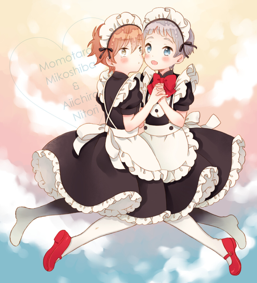 10s 2boys alternate_costume apron blue_eyes bowl_cut character_name crossdressing crossdressing_(mtf) dress enmaided free! full_body grey_hair highres holding_hands kurusun maid maid_apron maid_headdress male_focus mary_janes mikoshiba_momotarou mole mole_under_eye multiple_boys nitori_aiichirou o3o open_mouth pantyhose shoes short_hair smile tears trap white_legwear
