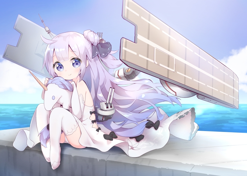 azur_lane blush hugging_doll dress full_body hair_bun highres long_hair looking_at_viewer nipeira hugging_object purple_eyes purple_hair side_bun single_hair_bun single_side_bun smile solo stuffed_pegasus stuffed_unicorn thighhighs unicorn_(azur_lane) white_dress white_thighhighs