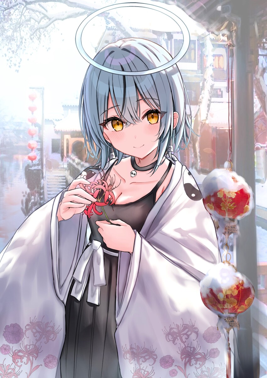 1girl absurdres black_choker blush breasts choker cleavage closed_mouth flower halo highres holding holding_flower japanese_clothes kimono looking_at_viewer original outdoors red_flower snow solo spider_lily underwear white_hair white_halo white_kimono yellow_eyes yuzufu