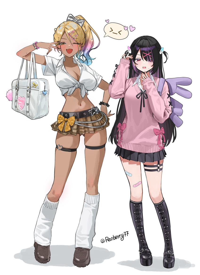 2girls ;d absurdres backpack bag bandaid bandaid_on_leg black_boots black_ribbon black_skirt blonde_hair blue_hair blush boots bow bracelet breasts brown_shoes brown_skirt cleavage commentary crop_top cropped_shirt dark-skinned_female dark_skin fang front-tie_top full_body gradient_hair gyaru hair_bow hair_ornament hair_over_one_eye hairclip hands_up highres jewelry knee_boots kneehighs large_breasts long_hair long_sleeves looking_at_viewer medium_hair midriff miniskirt multicolored_hair multiple_girls multiple_thigh_straps navel neck_ribbon one_eye_closed open_mouth original pink_hair pink_sweater plaid_clothes plaid_skirt pleated_skirt polka_dot polka_dot_bow ponytail purple_eyes purple_hair red_bow renberry77 ribbon school_bag school_uniform shirt shoes short_sleeves simple_background skin_fang skindentation skirt smile socks standing sweat sweater thigh_strap twitter_username two-tone_hair two_side_up white_background white_bow white_shirt white_socks wing_collar wing_hair_ornament x_hair_ornament yellow_bow yellow_eyes