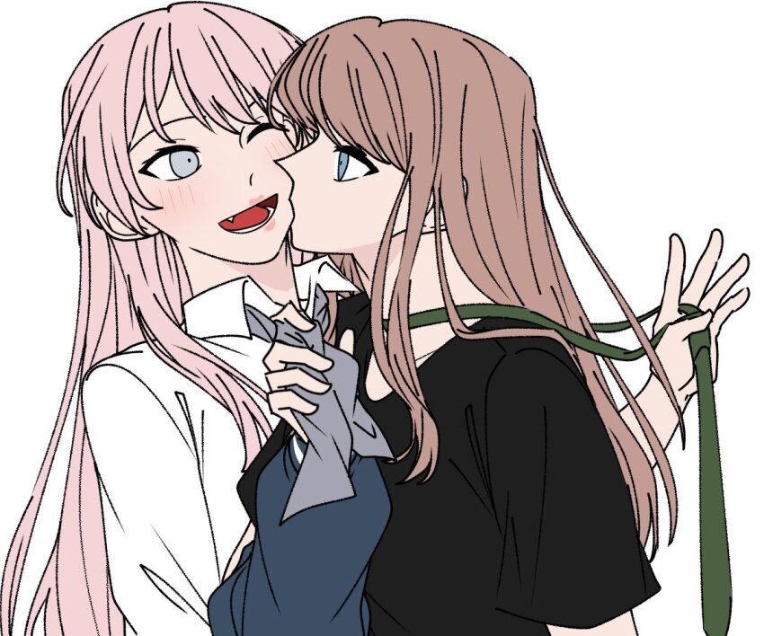 2girls a_jak accessories_switch bang_dream! bang_dream!_it&#039;s_mygo!!!!! black_shirt blue_eyes blue_shirt blush brown_hair chihaya_anon clothes_grab collared_shirt fang green_necktie grey_eyes grey_neckerchief haneoka_school_uniform long_hair long_sleeves looking_at_another lower_teeth_only multiple_girls nagasaki_soyo neckerchief neckerchief_grab necktie one_eye_closed open_mouth pink_hair school_uniform shirt sidelocks simple_background teeth tsukinomori_school_uniform upper_body white_background white_shirt yuri
