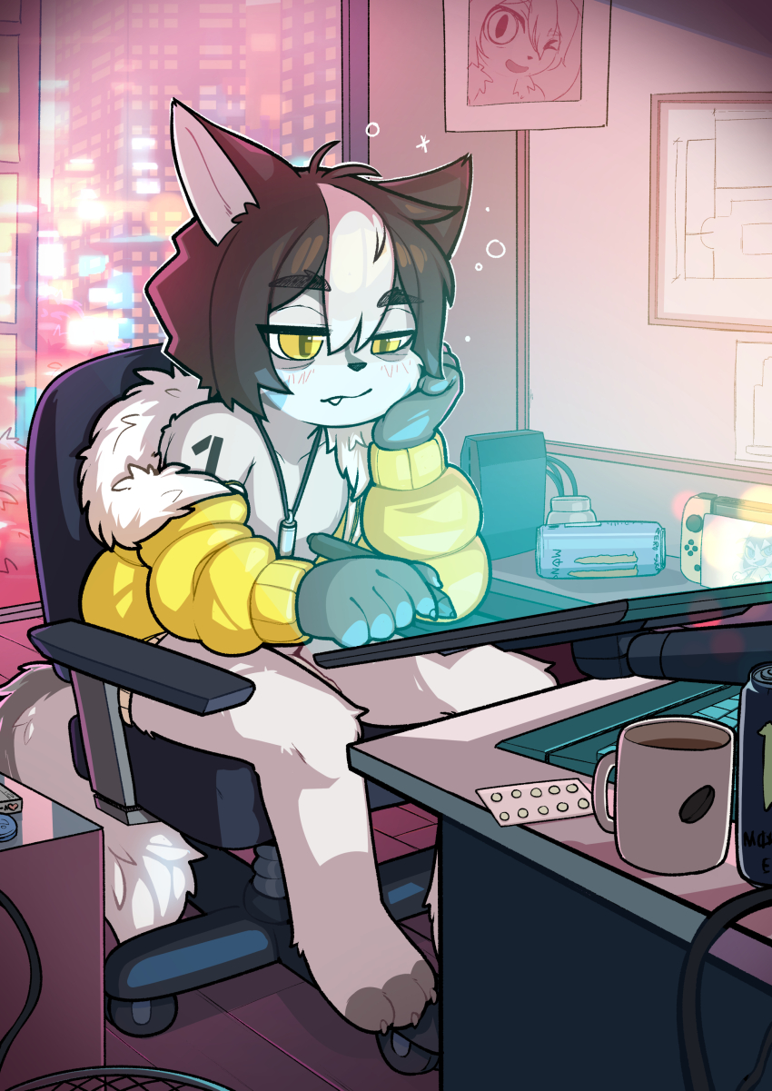 1boy absurdres animal_ears artist_self-insert blush bottomless brown_hair building chair claws coffee coffee_mug colored_bangs computer_keyboard cup desk drawing_(object) drawing_tablet fang fang_out flipped_hair fur_trim furry furry_male grey_tail half-closed_eyes hand_on_own_face highres holding holding_pen indoors jacket jewelry medicine monster_energy mug multicolored_hair necklace nintendo nintendo_switch nipples office_chair open_clothes open_jacket original paulo_(paulo_z) paulo_z pen pendant penis pill router sitting skyscraper sleepy solo squeans swivel_chair two-tone_hair two-tone_tail white_fur white_hair white_tail window yellow_eyes yellow_jacket