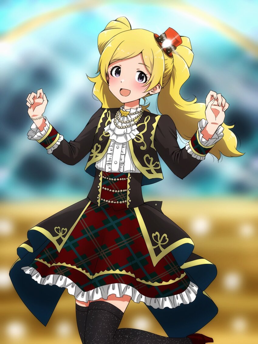 1girl :d ascot black_thighhighs blonde_hair blurry blurry_background blush bracelet brightest_showcase_(idolmaster) brown_dress brown_shirt butterfly_ornament cowboy_shot dot_nose dress emily_stewart eyelashes frilled_dress frilled_sleeves frills hands_up hat highres idolmaster idolmaster_million_live! idolmaster_million_live!_theater_days jewelry leg_up lone_nape_hair long_hair long_sleeves looking_at_viewer matcha_kingyo mini_hat necklace open_mouth parted_bangs purple_eyes red_hat shirt sidelocks smile solo stage standing standing_on_one_leg thighhighs tilted_headwear twintails very_long_hair wavy_hair white_ascot white_shirt zettai_ryouiki