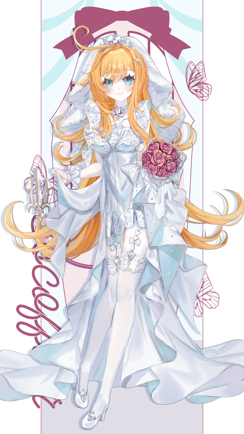 1girl absurdres ahoge anninufufu aqua_eyes blonde_hair bouquet bridal_veil character_name closed_mouth dress escoffier_(genshin_impact) flower full_body garter_straps genshin_impact heart heart_in_eye high_heels highres holding holding_bouquet long_hair looking_at_viewer pink_flower pink_rose rose shoes simple_background smile solo symbol_in_eye thighhighs veil wedding_dress white_dress white_garter_straps white_shoes white_thighhighs white_veil