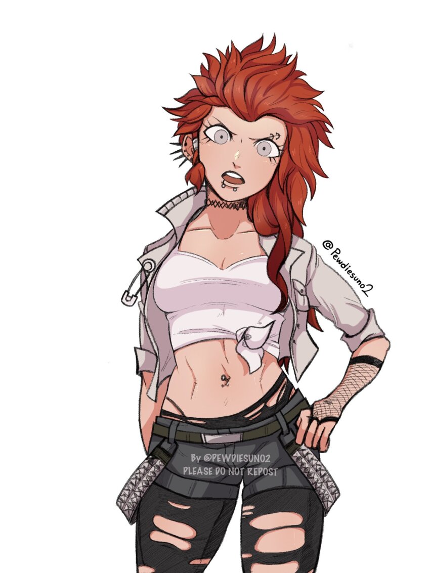 1girl artist_name belt black_pantyhose black_shorts brown_belt cowboy_shot crop_top d: danganronpa:_trigger_happy_havoc danganronpa_(series) ear_piercing earrings fingerless_gloves fishnet_gloves fishnets genderswap genderswap_(mtf) gloves grey_eyes grey_jacket highres jacket jewelry kuwata_leon long_hair mat_(pewdiesuno) mouth_piercing navel_piercing open_clothes open_jacket open_mouth pantyhose piercing red_hair shirt shorts simple_background solo spiked_hair teeth torn_clothes torn_pantyhose upper_teeth_only watermark white_background white_shirt