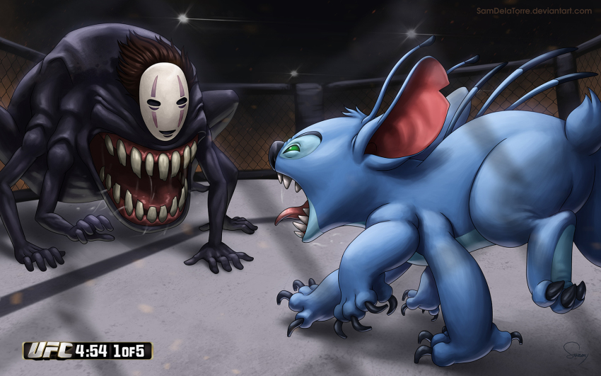 claws crossover disney extra_arms highres kaonashi lilo_&amp;_stitch mask no_humans open_mouth saliva sam_delatore sen_to_chihiro_no_kamikakushi sharp_teeth stitch_(lilo_&amp;_stitch) teeth tongue tongue_out ultimate_fighting_championship