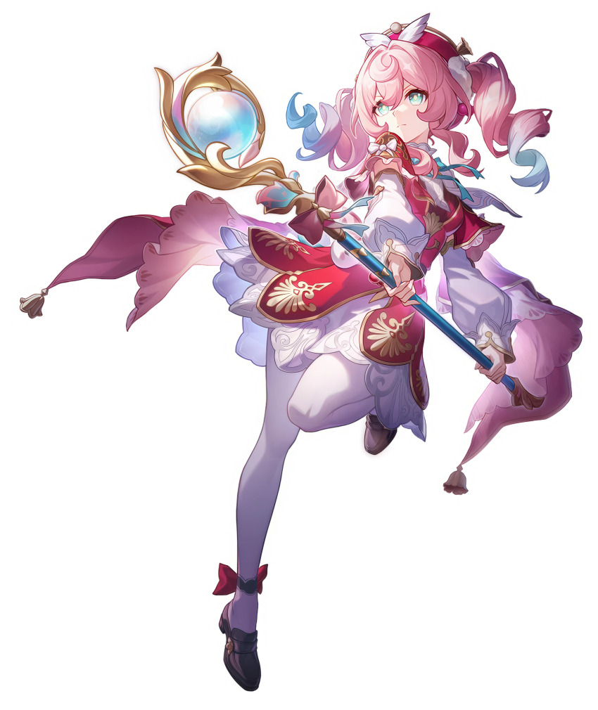 1girl absurdres aqua_eyes aqua_hair black_shoes bright_pupils capelet closed_mouth dress drill_hair full_body gradient_hair hair_between_eyes hat highres holding holding_staff holding_weapon honkai:_star_rail honkai_(series) hyacine_(honkai:_star_rail) layered_dress loafers long_sleeves looking_ahead medium_hair multicolored_hair official_art pantyhose pink_hair red_capelet red_dress red_hat shoes sitting solo staff standing standing_on_one_leg third-party_source transparent_background twin_drills twintails weapon white_dress white_pantyhose white_pupils