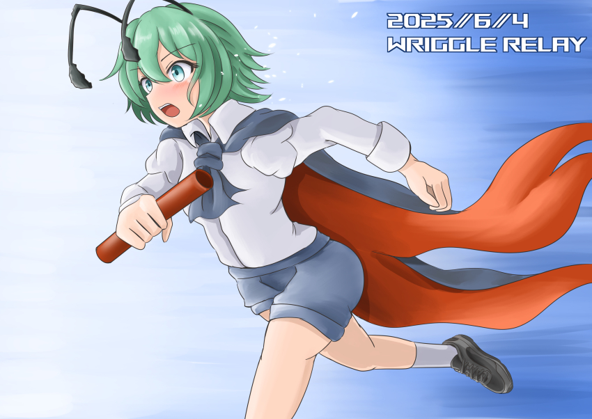1girl absurdres antennae black_cape black_shoes blue_background blue_shorts blush cape collared_shirt commentary_request dated foot_out_of_frame green_eyes green_hair highres long_sleeves looking_afar mary_janes namonakisamurai open_mouth red_cape relay_baton running shirt shoes short_hair shorts solo teeth touhou two-sided_cape two-sided_fabric upper_teeth_only white_shirt wriggle_day wriggle_nightbug
