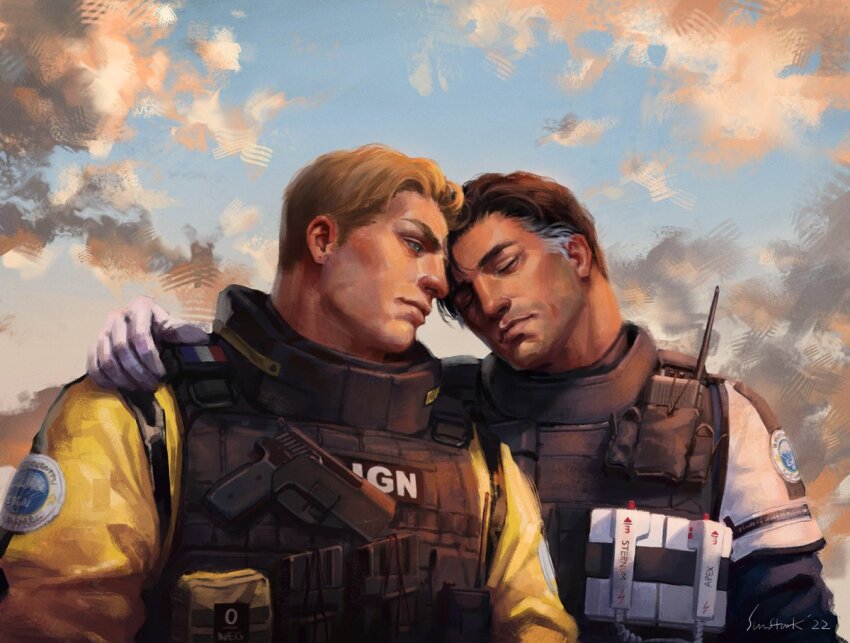 2boys arm_around_shoulder black_hair blonde_hair bulletproof_vest closed_eyes closed_mouth cloud commentary dark-skinned_male dark_skin defibrillator doc_(rainbow_six_siege) english_commentary forehead-to-forehead gign gloves grey_hair gun handgun heads_together jumpsuit lion_(rainbow_six_siege) long_sleeves looking_at_another male_focus mature_male multicolored_hair multiple_boys rainbow_six_siege signature sky streaked_hair sun_stark upper_body vest walkie-talkie weapon white_gloves yaoi yellow_jumpsuit