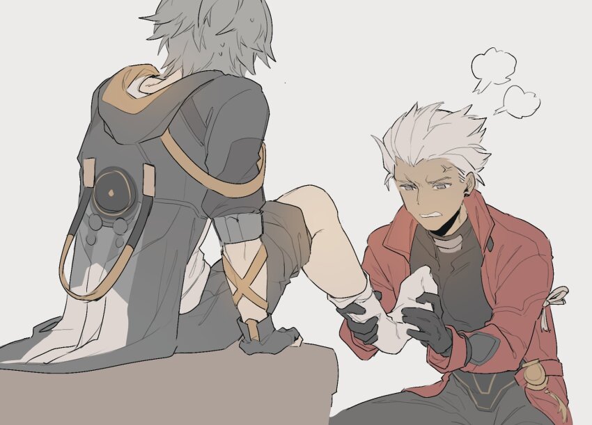 2boys archer_(fate) archer_(honkai:_star_rail)_(fate) boyfriend80 caelus_(honkai:_star_rail) coat crossover dark-skinned_male dark_skin fate/stay_night fate/unlimited_blade_works fate_(series) feet grey_hair highres multiple_boys red_coat spiked_hair trailblazer_(honkai:_star_rail) white_hair