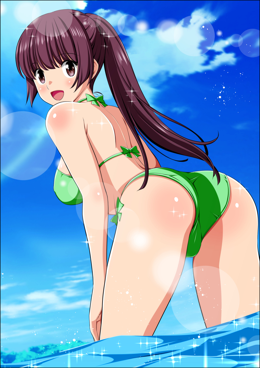 1girl absurdres arm_at_side ass ass_focus back bikini blue_sky blush body_blush bow bow_bikini breasts butt_crack choppy_bangs cloud cloudy_sky day eyebrows_hidden_by_hair feet_out_of_frame from_behind green_bikini hasumi_ren_(clover_rose) highres koeda0111 leaning_forward lens_flare long_hair looking_at_viewer looking_back ocean open_mouth original outdoors ponytail sideboob sidelocks sky smile solo sparkle standing swimsuit thighs wading water yotsuba_no_senki_clover_rose