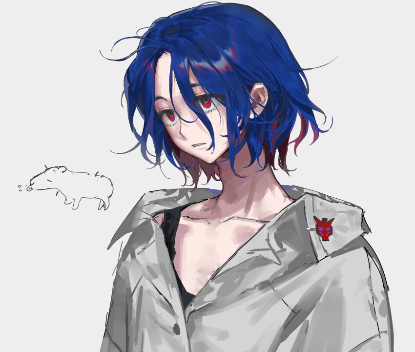 1boy absurdres bad_id bad_twitter_id blue_hair colored_inner_hair doodle_inset gundam gundam_gquuuuuux highres krymrin lower_eyelashes_only male_focus multicolored_hair purple_hair red_eyes red_gundam shirt short_hair shuji_ito simple_background solo two-tone_hair upper_body white_background white_shirt