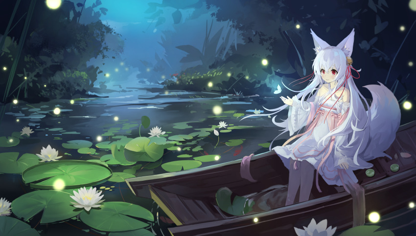 1girl absurdres afloat animal_ears boat bug butterfly dress female_focus fengxue fireflies fish flower fox_ears fox_girl fox_tail glowing_butterfly highres insect lily_pad long_hair lotus night original pink_dress purple_hair red_eyes river sitting solo tail tree very_long_hair water water_lily_flower watercraft white_dress