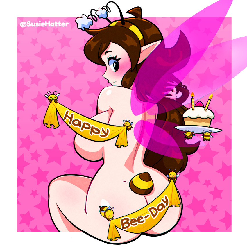 1girl absurdres arthropod_girl artist_name ass back bee bee_girl bee_hair_ornament bee_tail bee_wings birthday black_eyes blush breast_press breasts brown_hair bug butt_crack completely_nude cupcake dimples_of_venus food happy_birthday highres insect insect_girl insect_wings long_hair looking_at_viewer nude original paid_reward pointy_ears shiny_skin sideboob simple_background sitting solo stinger susie_(susiehatter) susie_hatter twitter_username wavy_hair wings