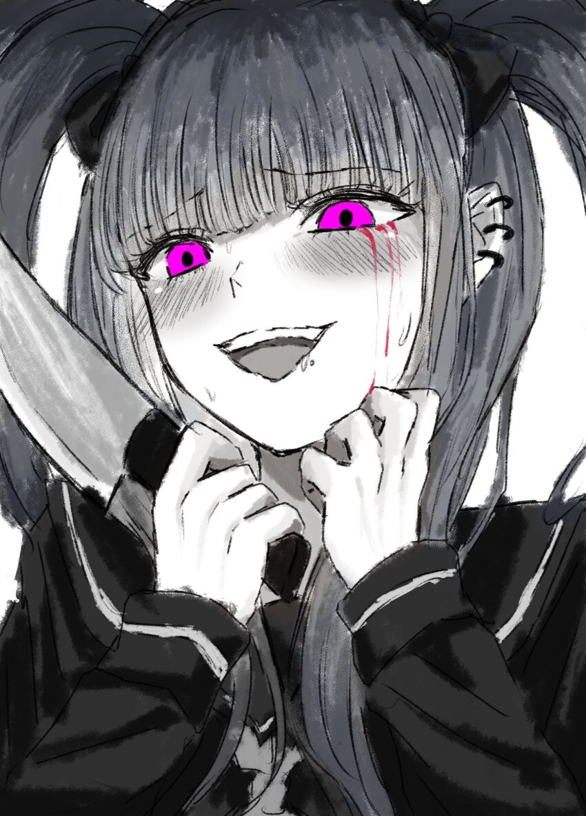 1girl amemiya_darumi black_bow blood bloody_tears bow drooling ear_piercing earrings eyelashes face_piercing female_focus hands_up highres holding holding_knife holding_weapon jewelry knife limited_palette lip_piercing long_hair open_mouth piercing pink_eyes saliva simple_background solo solo_focus teeth the_hundred_line_-last_defense_academy- twintails upper_body upper_teeth_only weapon white_background