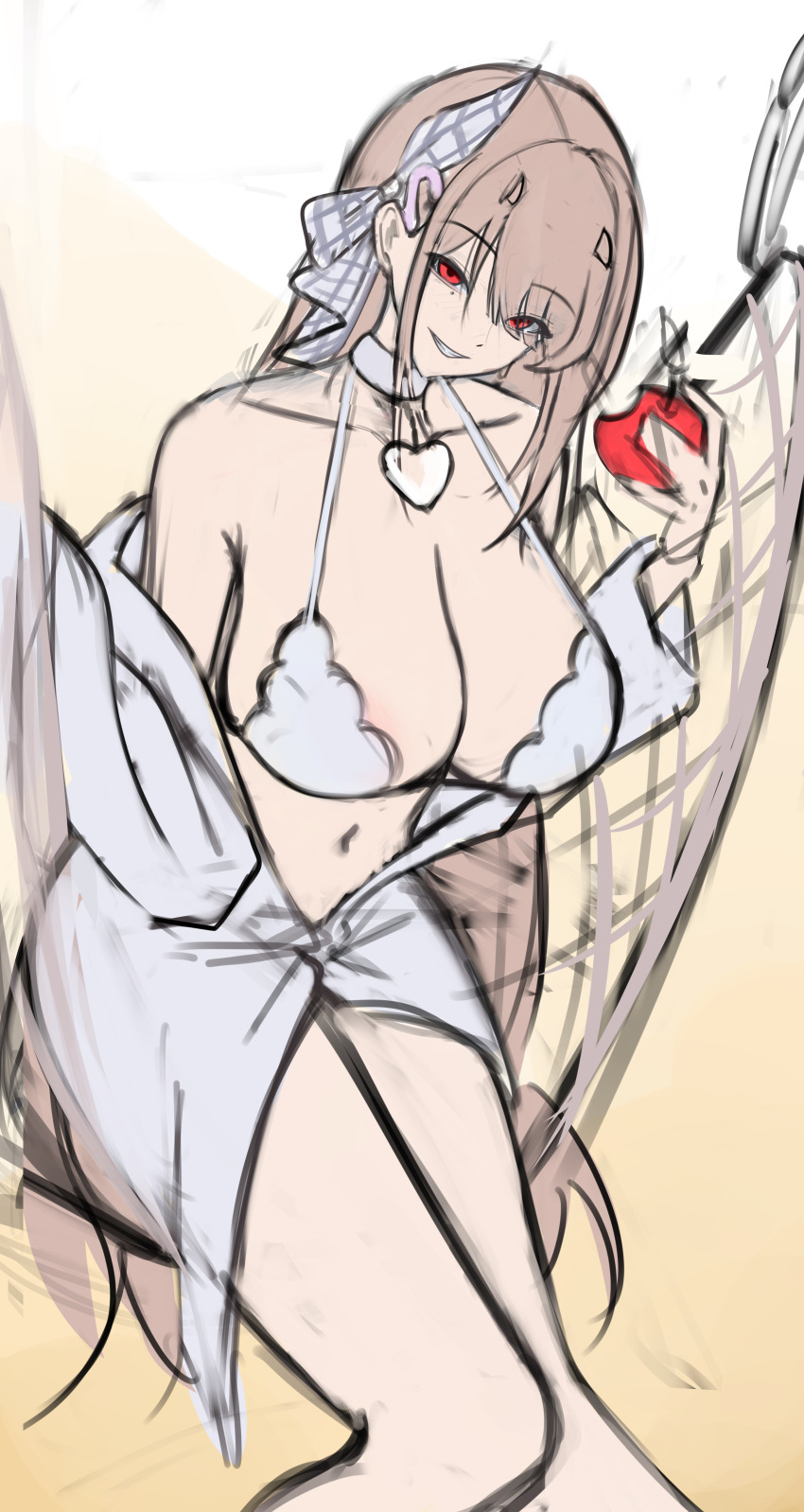 1girl absurdres apple bare_shoulders bodam bra breasts cleavage collarbone food fruit goddess_of_victory:_nikke grin hair_ornament hammock heart_collar highres holding large_breasts light_brown_hair lingerie long_hair looking_at_viewer red_eyes shirt sitting smile solo unbuttoned unbuttoned_shirt underwear unfinished viper_(nikke) viper_(shine_of_love)_(nikke) white_bra white_shirt