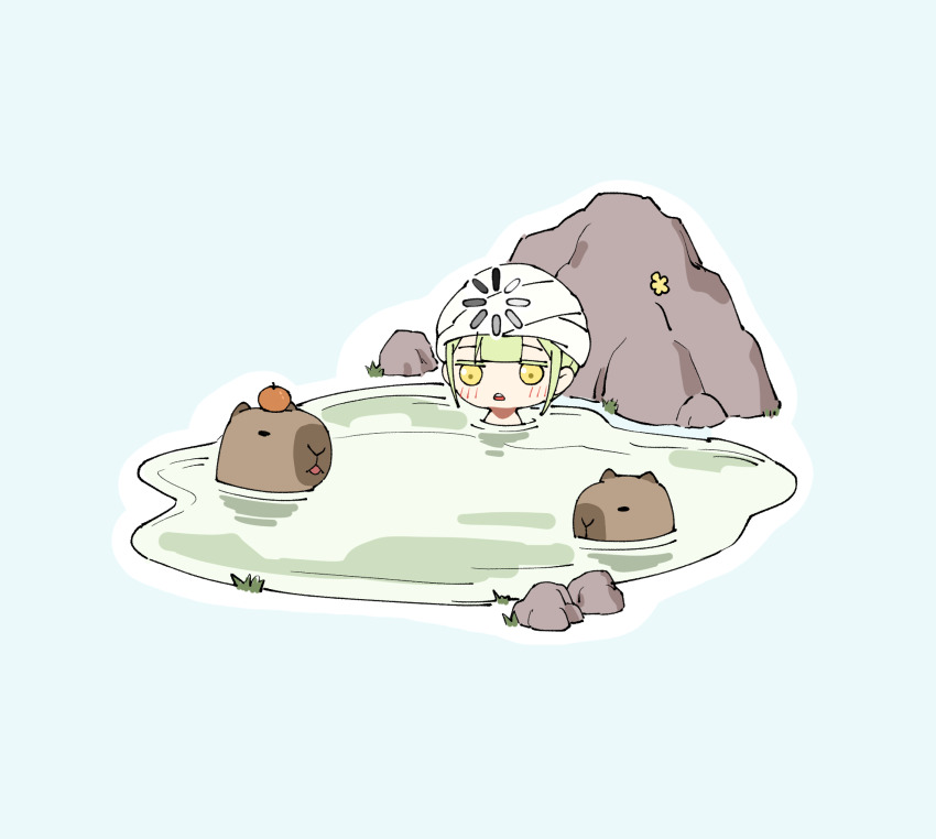 1girl bang_dream! bang_dream!_it&#039;s_mygo!!!!! blush capybara commentary dated_commentary food fruit green_hair highres indoors loading_icon onsen open_mouth orange_(fruit) orange_hair solo spinner towel towel_on_head wakaba_mutsumi yellow_eyes yzj21333