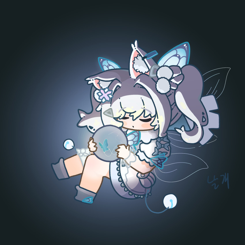 1girl absurdres animal_ear_fluff animal_ears blush_stickers butterfly_hair_ornament chibi closed_eyes fur-trimmed_sleeves fur_trim goddess_of_victory:_nikke hair_between_eyes hair_ornament highres holding jacket kiwi_forest long_hair n102_(miracle_fairy)_(nikke) n102_(nikke) official_alternate_costume pom_pom_(clothes) short_sleeves short_twintails skirt solo twintails white_footwear white_hair white_jacket white_skirt