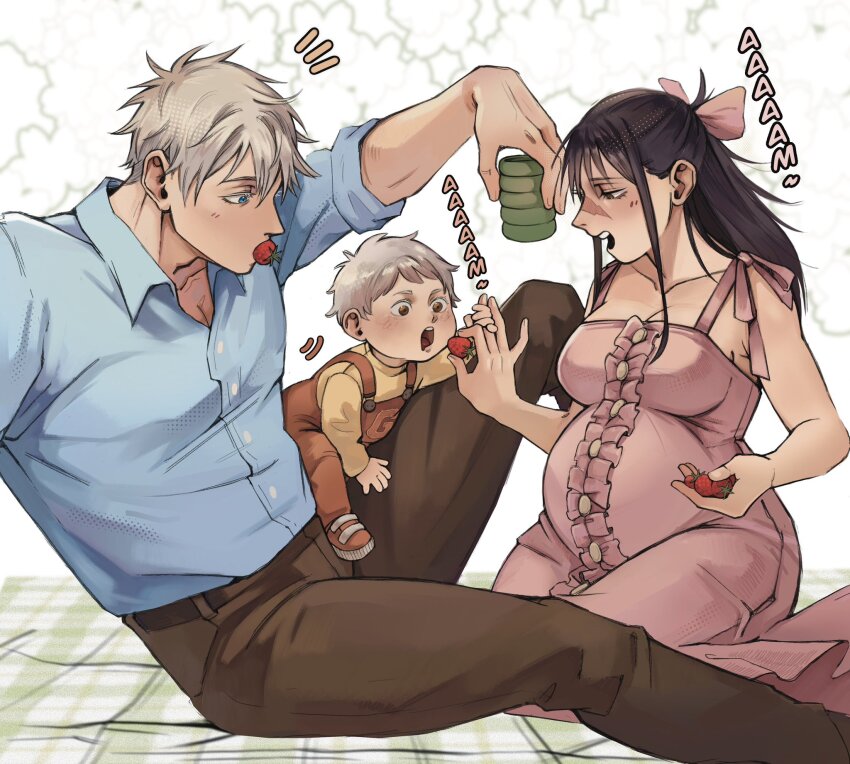 1girl 2boys 50gryvnia black_hair blue_eyes blue_shirt bow breasts brown_eyes brown_overalls brown_pants child cleavage collared_shirt colored_eyelashes commentary cup dress drooling english_commentary family father_and_son feeding food fruit full_body gojou_satoru grey_hair hair_bow highres holding holding_cup holding_food holding_fruit husband_and_wife if_they_mated iori_utahime jujutsu_kaisen kneeling large_breasts light_blush looking_at_another looking_at_food mother_and_son mouth_drool mouth_hold multiple_boys notice_lines open_mouth overalls pants pink_bow pink_dress pregnant profile scar scar_on_face scar_on_nose shirt shirt_tucked_in short_hair simple_background sitting sleeves_rolled_up strawberry teeth upper_teeth_only white_background yunomi